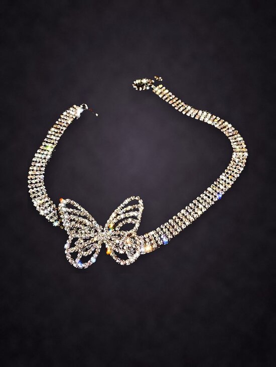 Jewelry - Silver Tone Rhinestone Butterfly Choker, Crystal Tennis Chain, 13 in + 2 in NWT